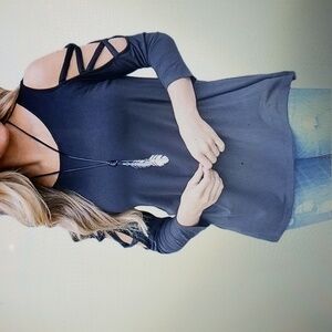 Stylish Black Cold Shoulder Long Sleeve shirt W/Criss Cross X  Cutouts size 2XL